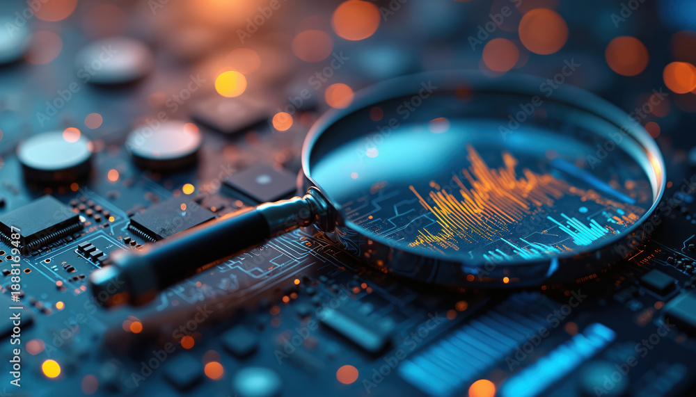 © Maryna - Magnifying glass on computer circuit board analyzing digital data graph. Technology research examining data streams, network security, code analysis. Future tech insight into complex systems.