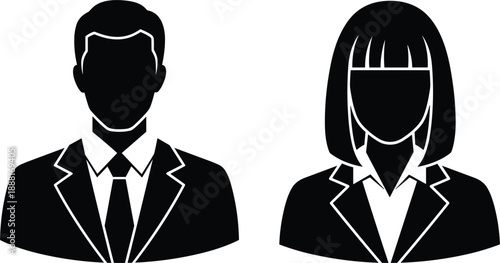 Black silhouette icons of a man and a woman in business attire suit
