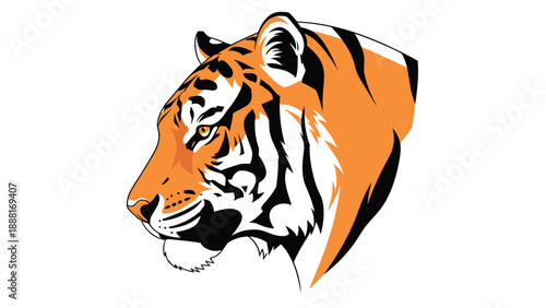 Detailed profile illustration of a tiger head with orange and black stripes against a clean white background for design.