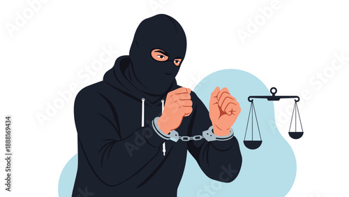 Criminal in a black mask and handcuffs standing next to a balance scale symbolizing law, justice, and crime.
