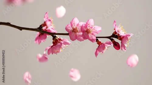 Single branch of Pink cherry blossom flower with petals dropping copy space or text space