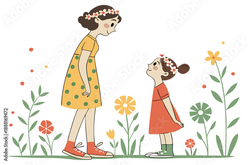 Woman and girl walking in a field of flowers wearing floral crowns and colorful dresses