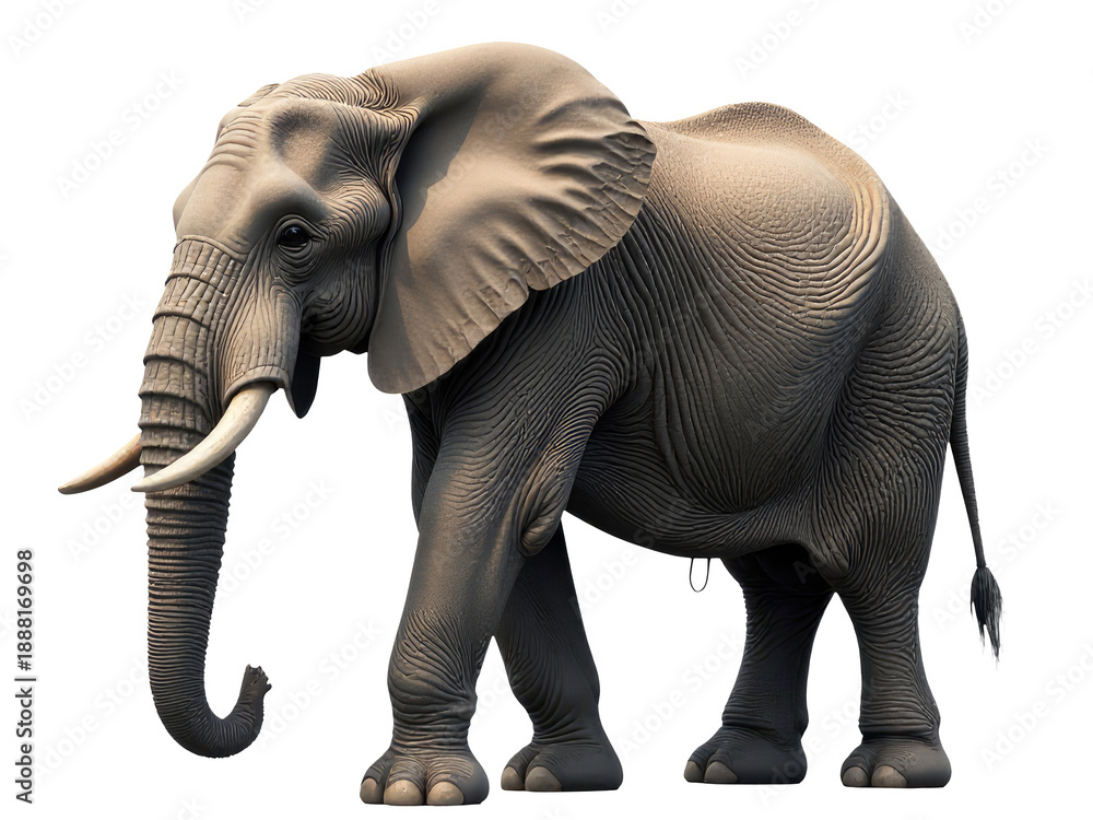 Obraz premium A single elephant with prominent tusks stands in front of a plain white background