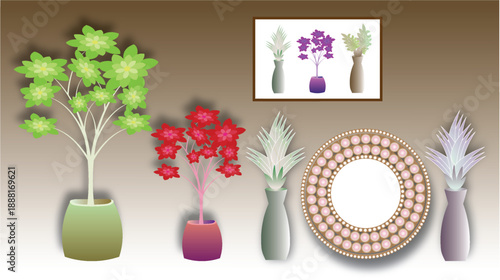 Decorative indoor potted plants and mirror, floral wall frame vector illustration.