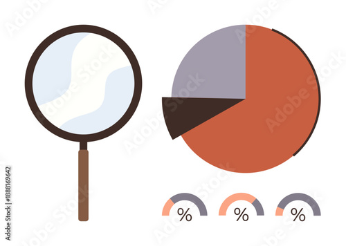 Market research, data insights, statistics analysis, performance evaluation, financial reporting, business monitoring. A magnifying glass beside a pie chart and percentage indicators. Market research
