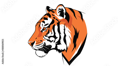 Realistic profile drawing of a tiger head showing its orange fur and black stripes against a clean studio background.