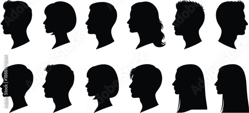 Collection of Black Silhouettes of Diverse Male and Female Head Profiles Keywords: silhouette, head, profile, man, woman, male