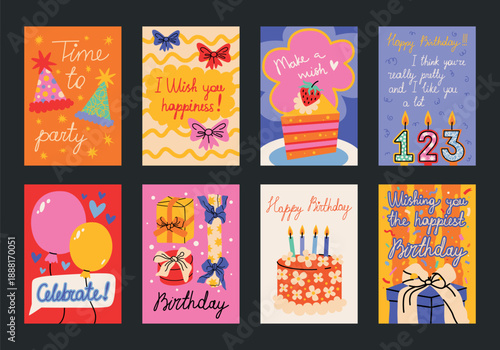 Bright retro cartoon birthday posters. Cute party decor, gift boxes, cakes, candles, balloons. Parties, gifts, greetings, happy holiday postcards. Wall banners for Birthdays, events, party decoration.
