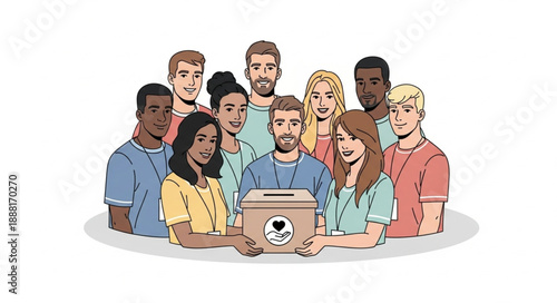 Diverse Group of People Holding a Donation Box.