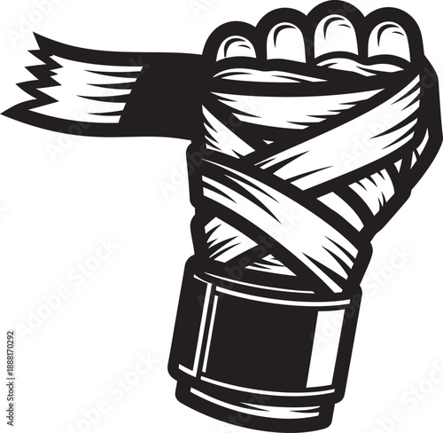 Professional black vector of a clenched fist with detailed boxing hand wraps. High-quality bold design perfect for combat sports branding, MMA gym logos, and fighter training graphics. Digital asset.