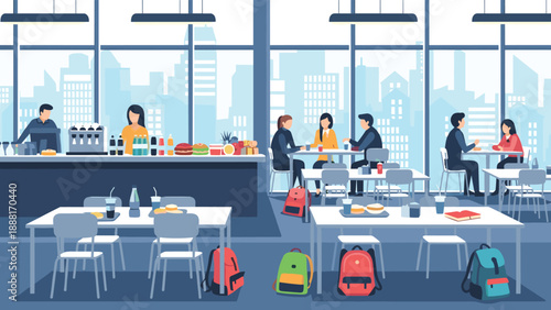 Modern corporate or school cafeteria interior with people eating at tables and a service counter in the back.