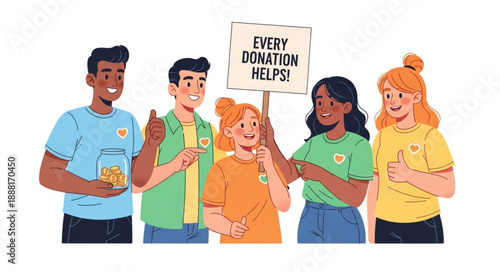 Diverse group of people holding donation jar and sign.