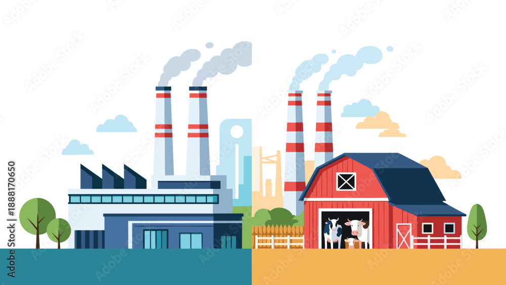 Fototapeta premium Split illustration showing the contrast between a large industrial factory with smoke and a traditional red farm with dairy cows.