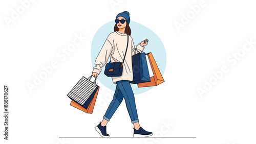 Stylish young woman walking confidently while carrying several colorful shopping bags from a successful spree at the local mall.