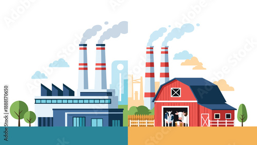 Split illustration showing the contrast between a large industrial factory with smoke and a traditional red farm with dairy cows.