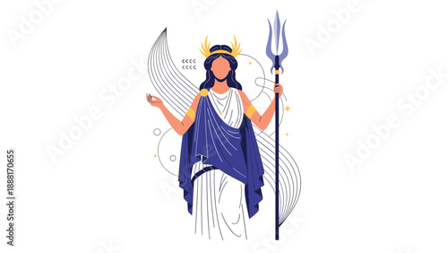 Majestic Greek goddess wearing a crown and flowing white robes while holding a powerful blue trident against a minimal background.
