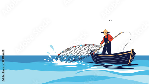 Traditional fisherman standing in a small wooden boat while casting a large fishing net into the blue ocean water under the sun.
