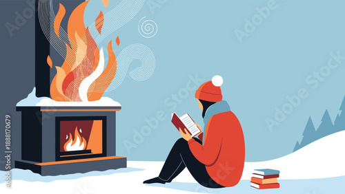 Peaceful scene of a person reading an interesting book while sitting by a warm fireplace in a quiet snowy winter forest landscape.