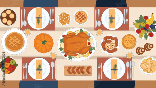 Top down view of a traditional Thanksgiving dinner table spread with a roasted turkey, pumpkin, pies, and various delicious sides.