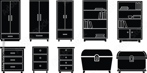 Silhouette vector of various furniture icons including wardrobes, bookshelves, drawers, and storage chests for interior design