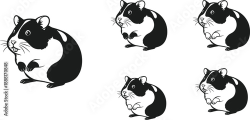 Cartoon Silhouette Illustration of Five Guinea Pigs in Varied Sizes, Ideal for Pet, Animal, and Vector Design Themes