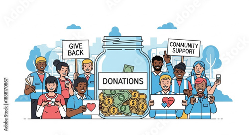 Diverse group of people holding signs for donations and community support.