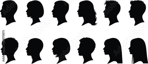 Diverse Male and Female Head Silhouettes in Profile View vector illustration