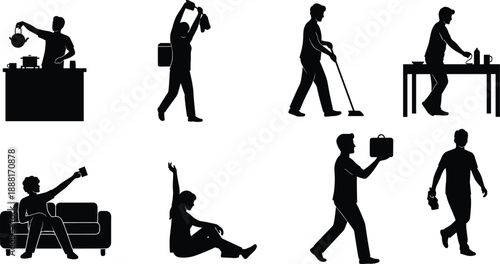 Silhouette Illustration of Eight People Performing Daily Activities, Ideal for Home Life, Fitness, Work, and Leisure Concepts