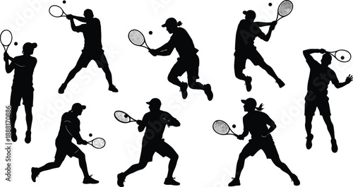 Silhouette Illustration of Eight Tennis Players in Action Poses with Rackets and Balls, Ideal for Sports Vector Designs