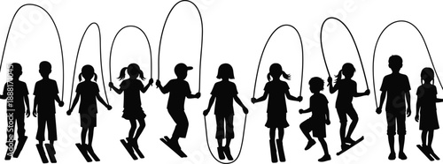 Silhouette vector of children jumping rope in playful motion, showing exercise, fun, and outdoor physical activity