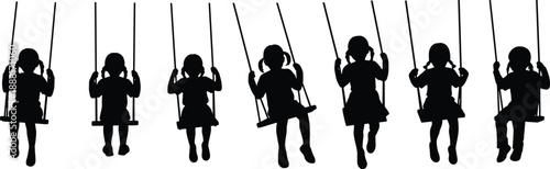 Silhouette vector of children sitting on swings in playful motion, showing outdoor activity, balance, and childhood fun