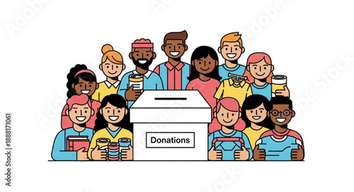 Diverse Group of People Donating to Charity Box.