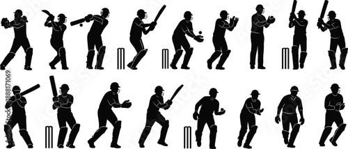 Silhouette vector of cricket players in dynamic action poses showing batting, bowling, fielding, and game movement