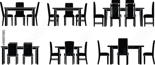 Silhouette vector of dining table and chair arrangements showing furniture layout, interior design, and seating styles