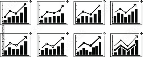 Eight black and white bar and line graph icons illustrating financial growth Keywords: graph, chart, data, analytics, statistics