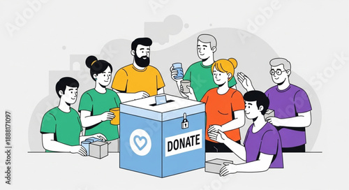 Diverse group of people donating to charity box.