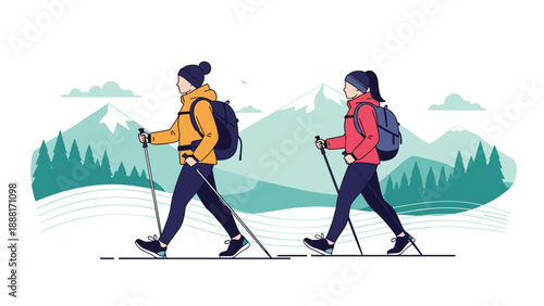 Man and woman hiking with backpacks and walking poles through a beautiful green forest with snow capped mountains in the distance.