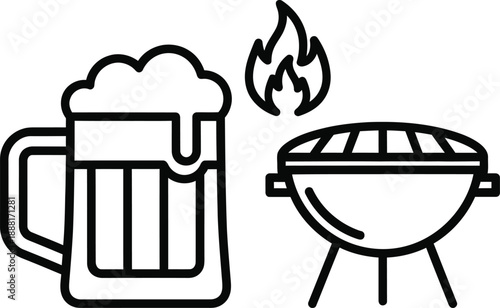 Beer Mug and Barbecue Grill Icon Line Art Drawing