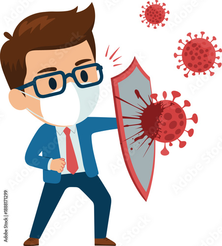 Cartoon businessman wearing a face mask and glasses defends against a red coronavirus with a shield
