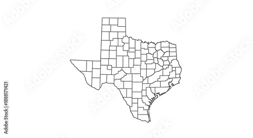Outline map of Texas state with county borders on an isolated white background.