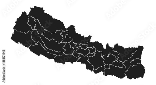 Nepal Map Silhouette with Administrative Divisions on Isolated White Background