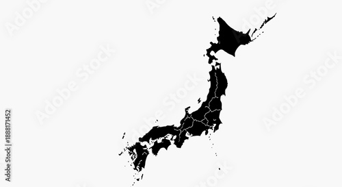 Japan Map Silhouette with Islands and Prefecture Borders on Isolated White Background