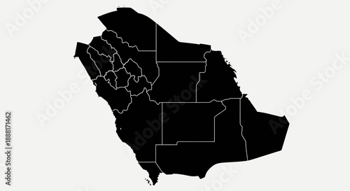 Saudi Arabia Map Silhouette with Administrative Divisions on Isolated White Background