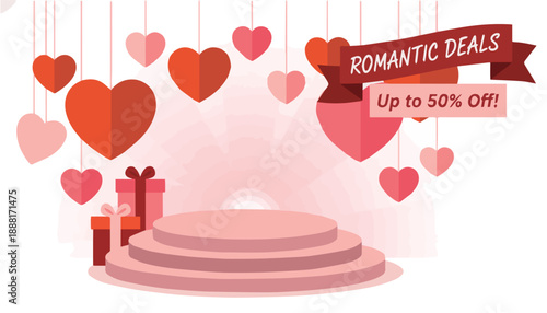 Romantic Valentine’s Day Sale Podium Background with Hanging Hearts, Perfect for Promotional Banners and Online Shopping Ads