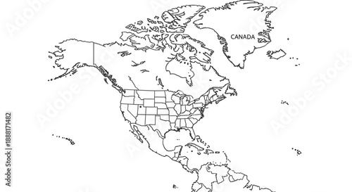 North America Map Outline with Country Borders on Isolated White Background