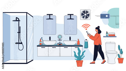 Modern smart bathroom with a woman using a mobile phone to remotely control the shower and other connected household appliances.