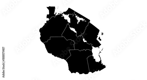 Tanzania Map Silhouette with Administrative Divisions on Isolated White Background