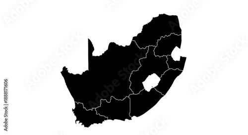 South Africa Map Silhouette with Provinces, isolated white background.
