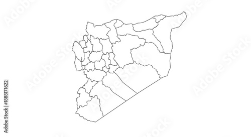 Syria Map Outline with Administrative Divisions, isolated white background.