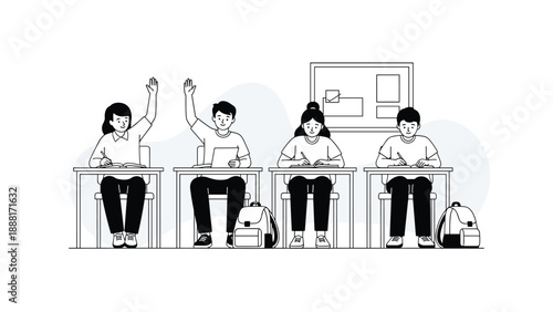 Row of four diverse students sitting at their desks in a classroom and raising their hands to answer a question during a lesson.